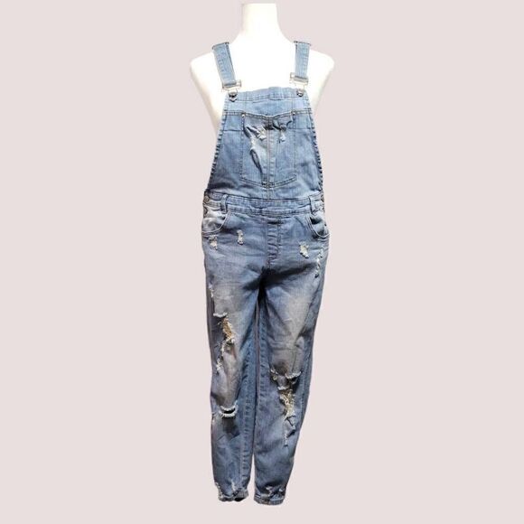 Almost Famous Distressed Destroyed Denim Jean Overalls Jr Sz 5 Holes - Picture 1 of 16
